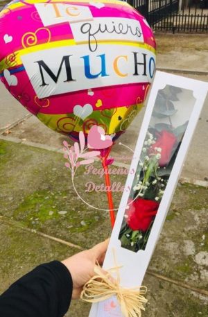 Caja  de dos rosas con un globo