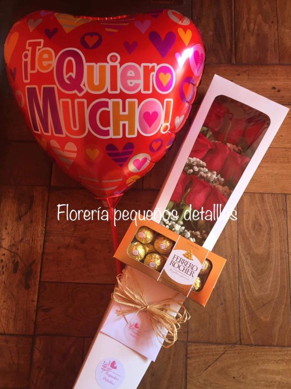 Caja de nueve Rosas, globo y bombones